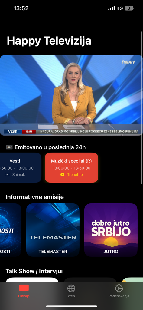 HappyTV Live app interface featuring Serbian news broadcast and program categories.