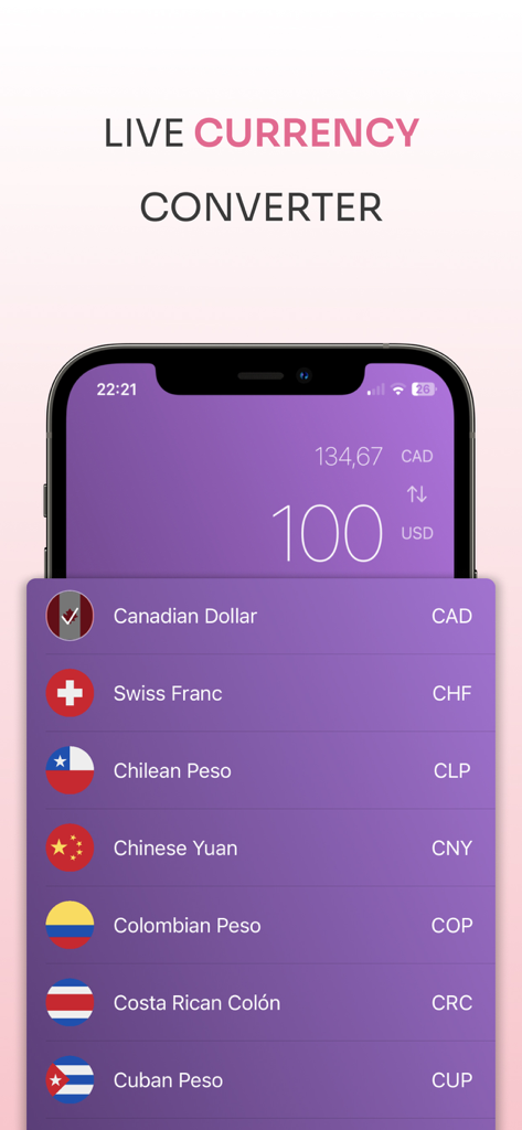 Calculator X app interface showing the live currency converter feature with global exchange rates