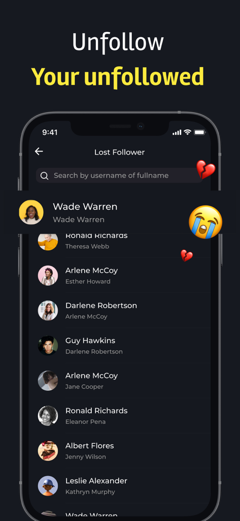 Elenco di follower persi nell'interfaccia dell'app Reports Unfollowers.