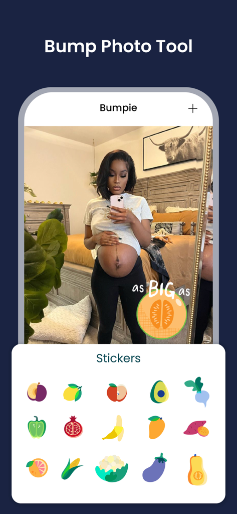 BabyCenter Track Pregnancy App - A woman using the BabyCenter bump photo tool to track pregnancy growth with fruit sized stickers.