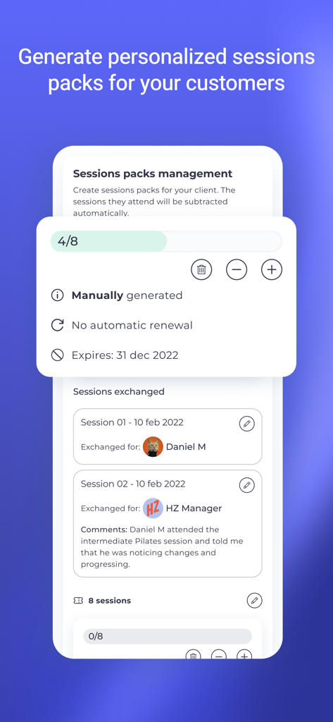 Harbiz Manager - Interfaz de la aplicación Harbiz Manager que muestra la gestión de paquetes de sesiones para profesionales del fitness