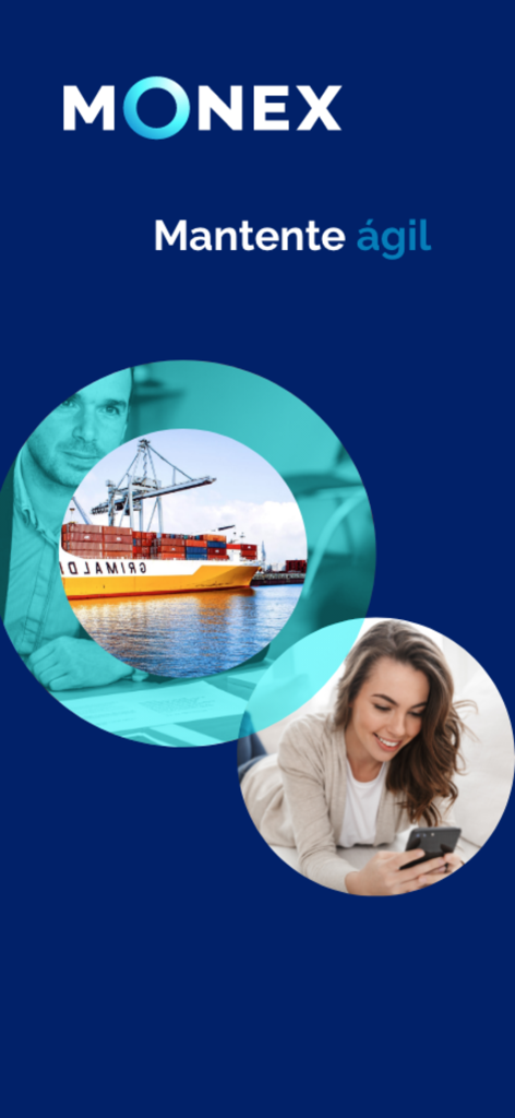 Monex Móvil - Pantalla de bienvenida de la aplicación Monex Movil que muestra el logotipo e imágenes que representan negocios, comercio y banca móvil
