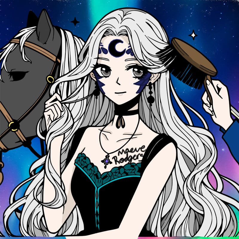 gorgeous anime vampire woman, small crescent moon tattoo on forehead, long light hair brushing a horse