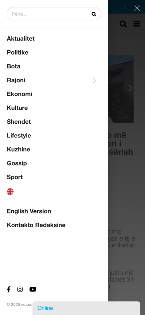 SOT News - Navigation menu of the SOT News mobile application showing news categories in Albanian and an English version option