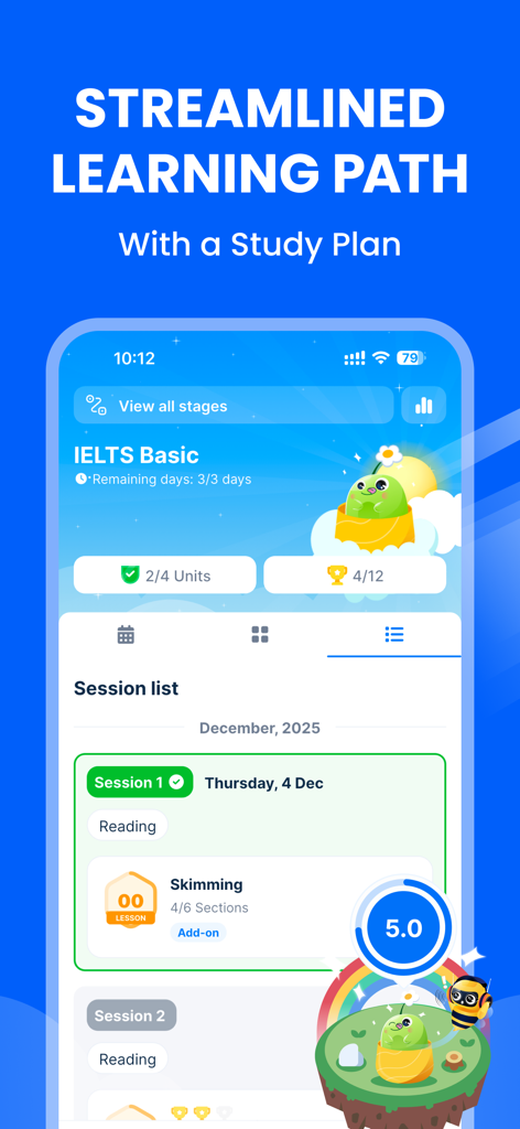 Prep-Smart learning& test prep - Interfaz de la aplicación Prep-Smart que muestra un plan de estudio optimizado del IELTS y una lista de sesiones.