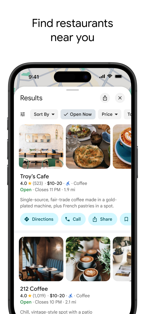Google Maps-Oberfläche zeigt lokale Restaurantsuchergebnisse mit Fotos, Bewertungen und Wegbeschreibungen