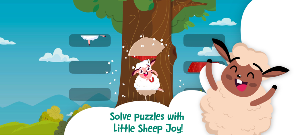 The Little Sheep Joy - A cute sheep character inviting children to solve puzzles in a colorful nature landscape