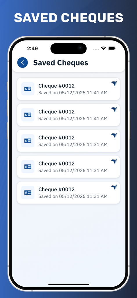 Cheque Writer & Printer - A mobile app screen showing a list of saved cheques with their dates and times for easy record keeping.