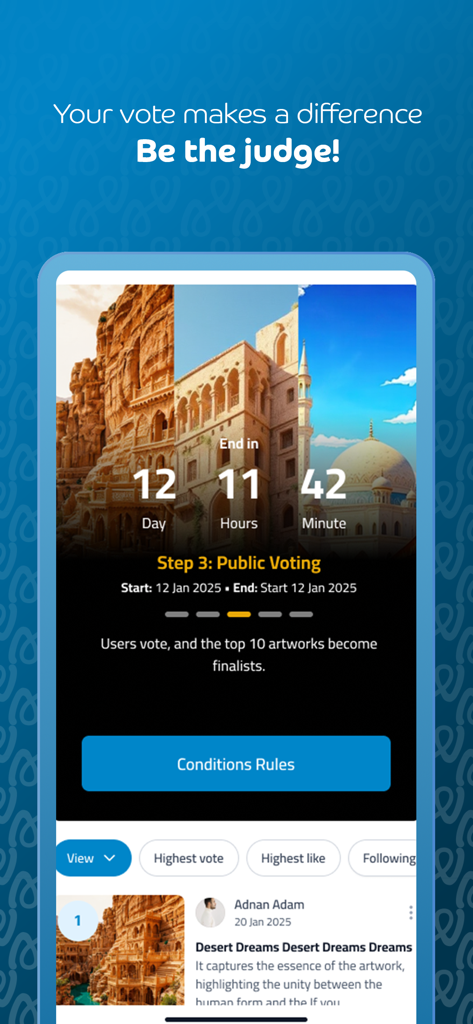 Artook - Artook app screen displaying the public voting stage for an art competition featuring architectural artwork.