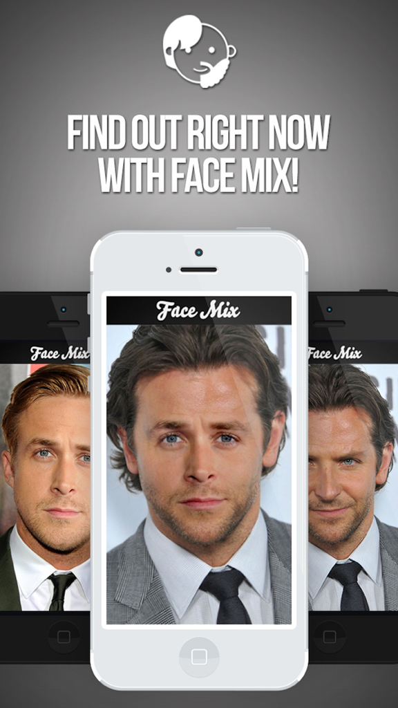 Combine Two Faces With FaceMix - A mobile app screenshot of FaceMix showing the blended result of two celebrity faces on an iPhone.