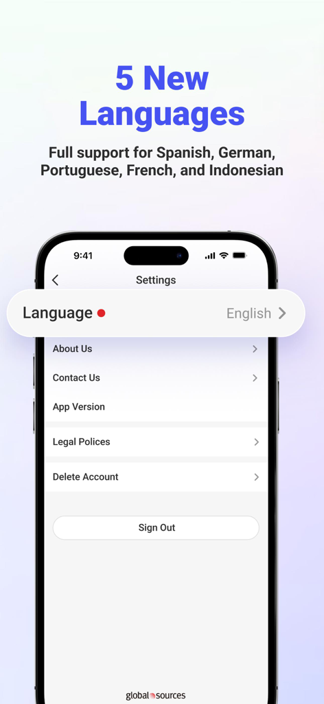 Tela do smartphone mostrando as configurações do aplicativo B2B da Global Sources com suporte a novos idiomas para espanhol, alemão, português, francês e indonésio.