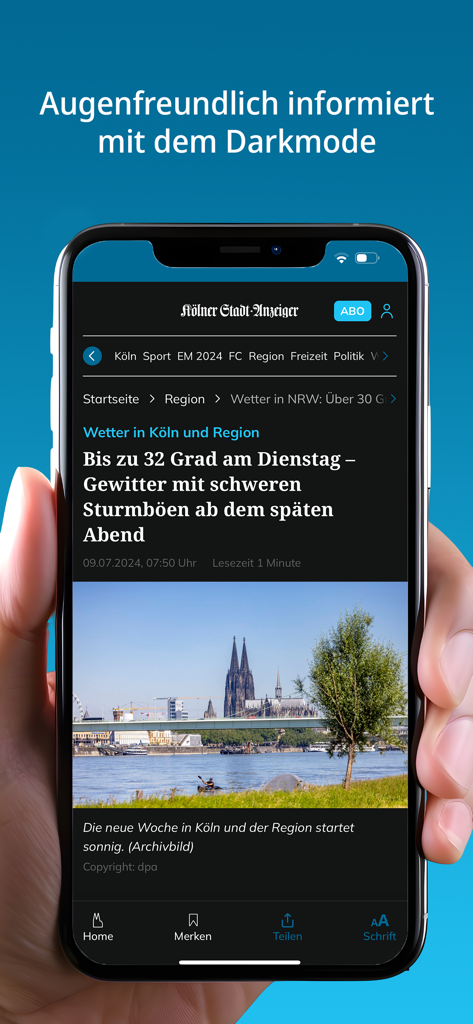 Pantalla de smartphone mostrando la aplicación de noticias KSTA en modo oscuro mostrando un artículo sobre Colonia
