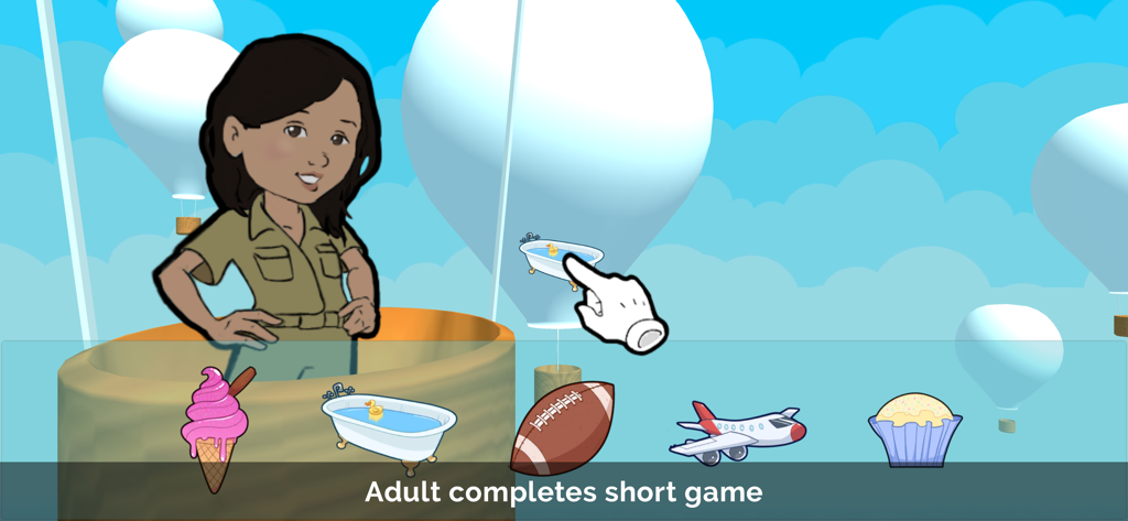 Sound Scouts Hearing Test - Interface of the Sound Scouts app showing the mandatory short game for adults with a scout character and interactive hot air balloons