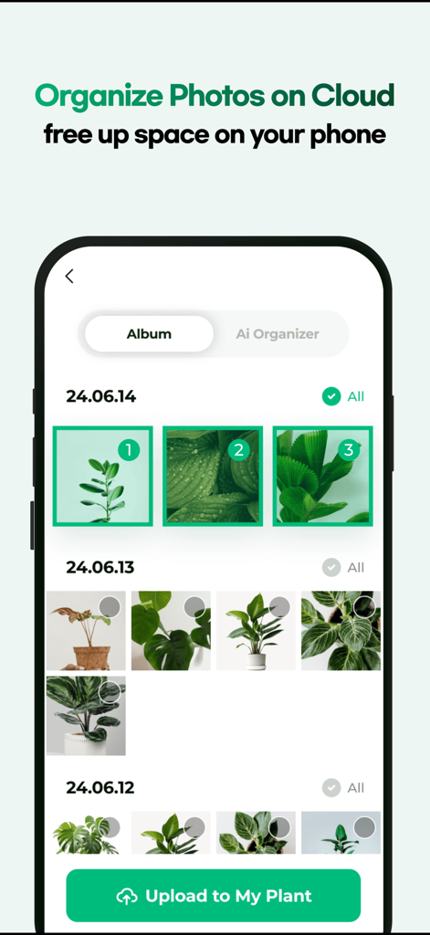 Plant Care: Plantingo - Interfaz de la aplicación móvil de Plantingo que muestra un diario de fotos de plantas organizado por fecha con opciones para subir a la nube