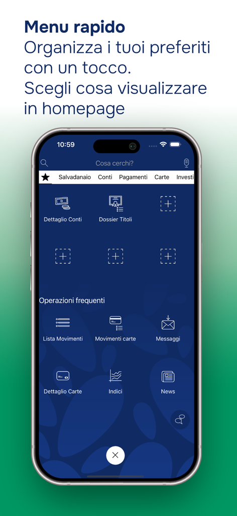 BAPS@MOBILE - Schermata del menu rapido personalizzabile dell'app bancaria BAPS MOBILE che mostra le transazioni frequenti