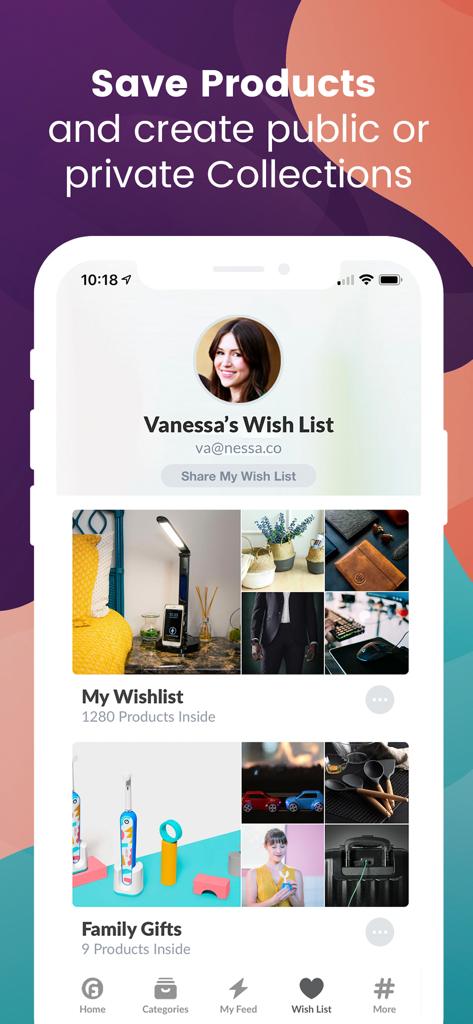 User profile in the Gadget Flow app showing curated product collections and wishlists.