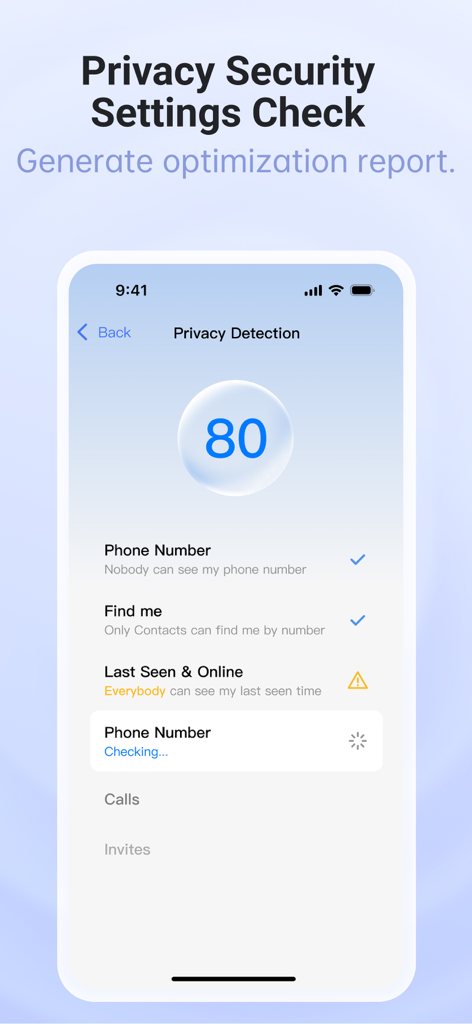 Turrit -Messenger for Telegram - A smartphone interface showing the Turrit app privacy security settings check screen with a privacy detection score of 80 and optimization options.