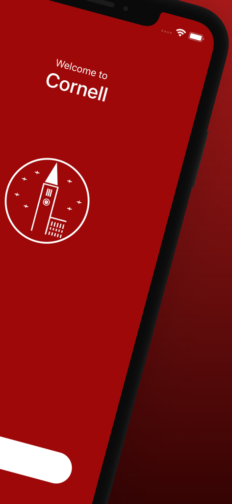 Cornell Student App - The splash screen of the Cornell Student App featuring a red background and a white McGraw Tower icon with the text Welcome to Cornell