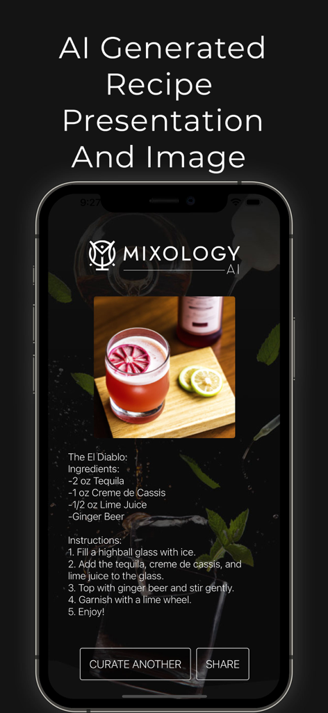 Mixology AI - Pantalla de la aplicación Mixology AI que muestra una receta de cóctel generada por IA para El Diablo con ingredientes y presentación