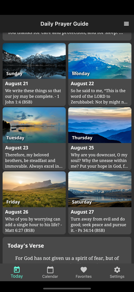 Daily Prayer Guide - Vista de cuadrícula semanal de oraciones devocionales diarias y versículos bíblicos con fondos de naturaleza.