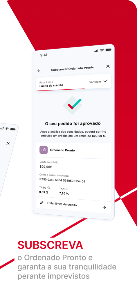 Pantalla de la aplicación móvil de Banco CTT que muestra la aprobación de un límite de crédito de 800 euros para el servicio Ordenado Pronto.