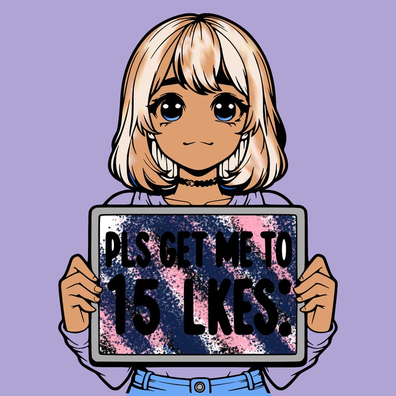 realistic girl holding up a sign that says “pls get me to 15 likes!”