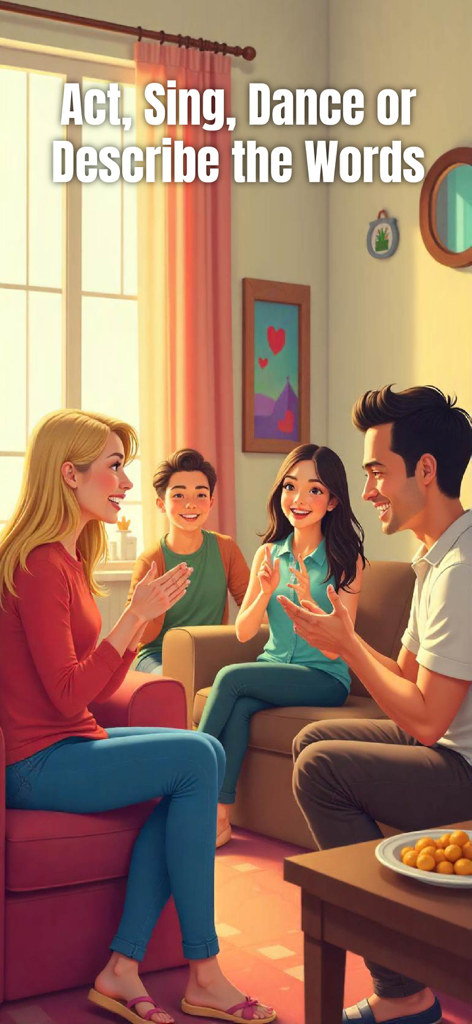 Charades For Adults - Guess Up - A group of friends laughing and playing a charades game in a living room