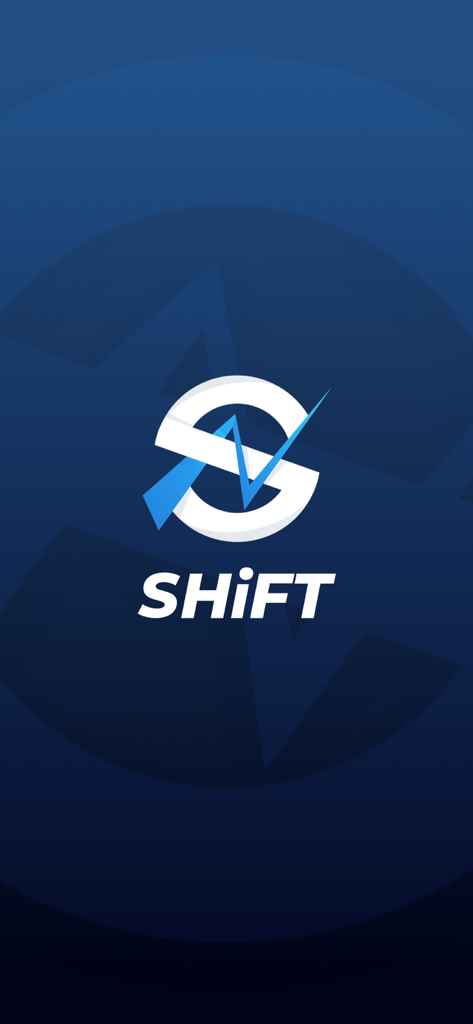 La pantalla de bienvenida de la aplicación SHIFT que muestra el logotipo y el nombre de la marca sobre un fondo azul oscuro