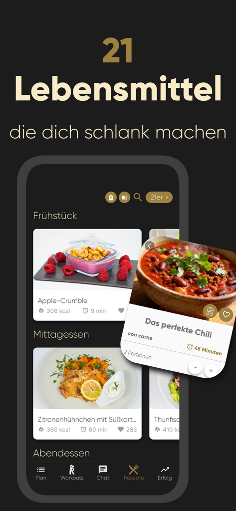 Programm 21: Workouts zuhause - Programm 21 app interface showing healthy breakfast lunch and dinner recipes