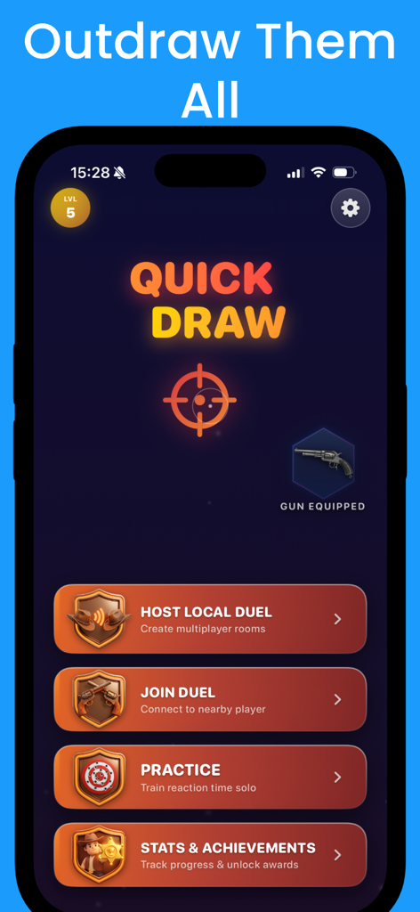 Main menu of the Quick Draw game featuring local duel practice and stats options