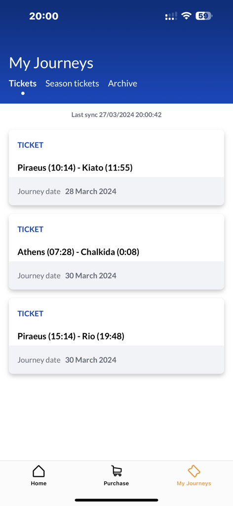 La pantalla Mis Viajes de la aplicación Hellenic Train que muestra una lista de billetes digitales comprados para rutas como El Pireo a Kiato y Atenas a Chalkida.