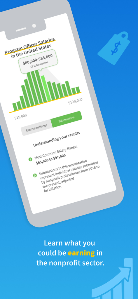 Idealist Job Search - A screenshot of the Idealist app showing a salary calculator tool for nonprofit professional roles in the United States