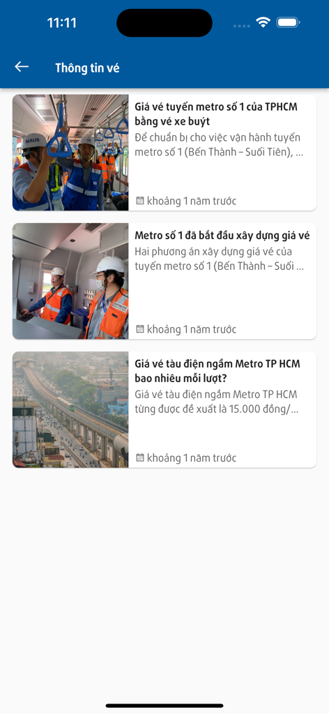 HCMC Metro HURC - メトロ運賃と価格に関するニュース記事を表示するHCMCメトロアプリのチケット情報画面。