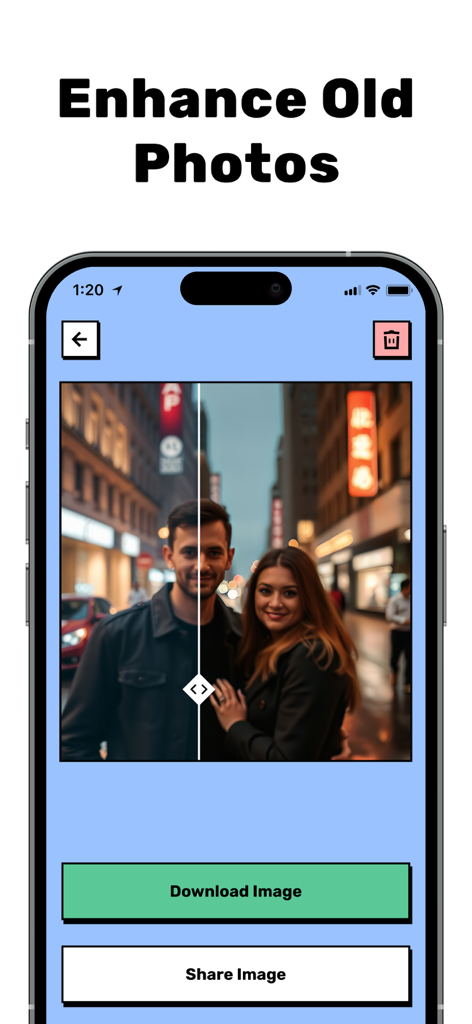 Restore Old Photos - Restora - Ein Smartphone, das die Restora-App-Oberfläche mit einem geschärften Foto eines Paares und Schaltflächen zum Herunterladen oder Teilen des Bildes anzeigt