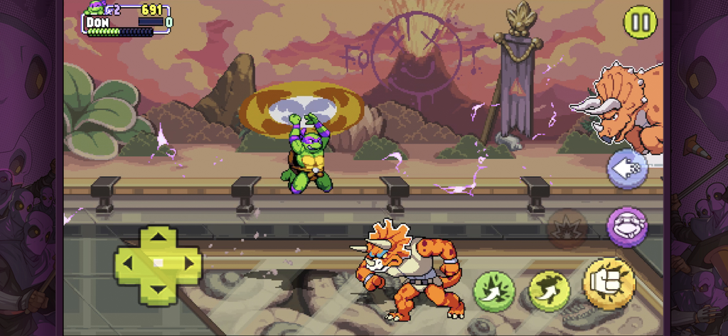 TMNT:Shredder’s Revenge Mobile - TMNT Shredder’s Revenge 모바일의 픽셀 아트 레벨에서 Triceraton 적과 싸우는 Donatello.
