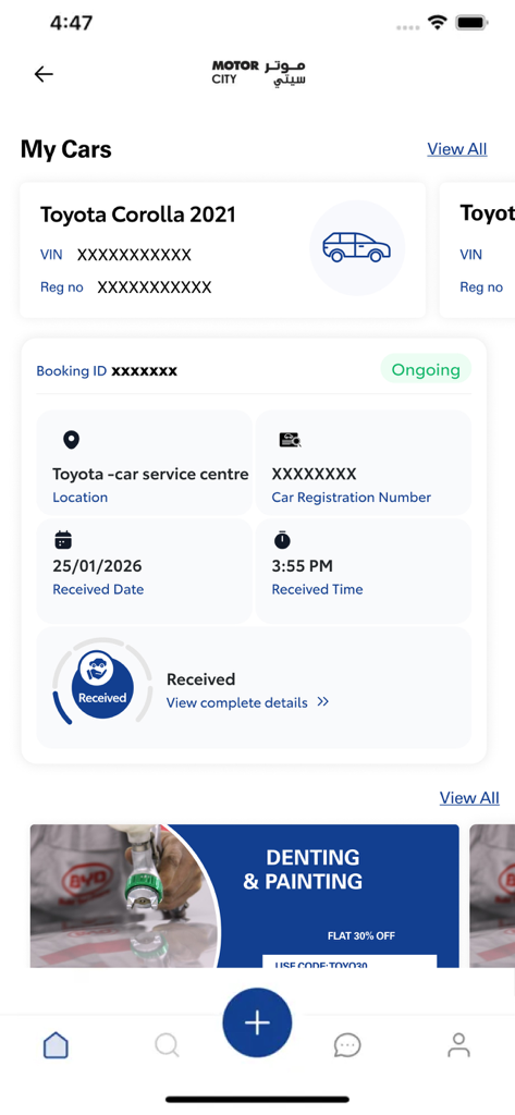 Motor City Bahrain - Details zur laufenden Auto-Servicebuchung in der mobilen Motor City Bahrain App