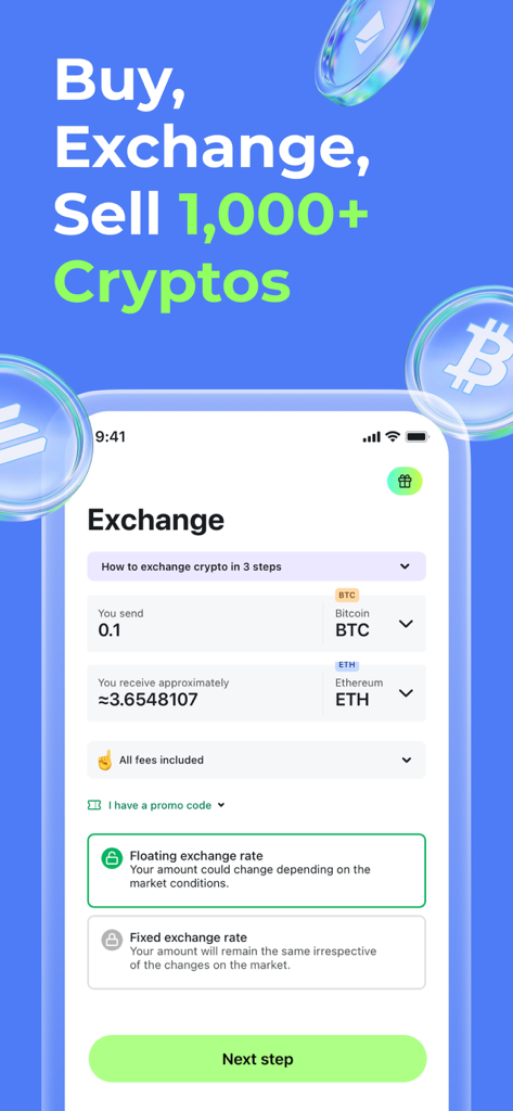Changelly Exchange・Buy Crypto - Schermata dell'app Changelly che mostra uno scambio di criptovalute tra Bitcoin ed Ethereum con opzioni di tasso di cambio.