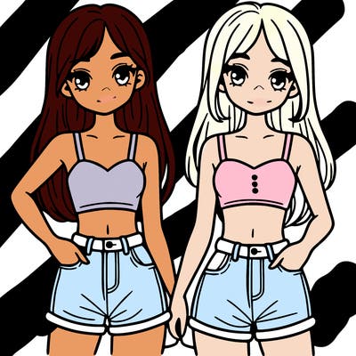 two sisters with crop tops and jean shorts and straight hair
