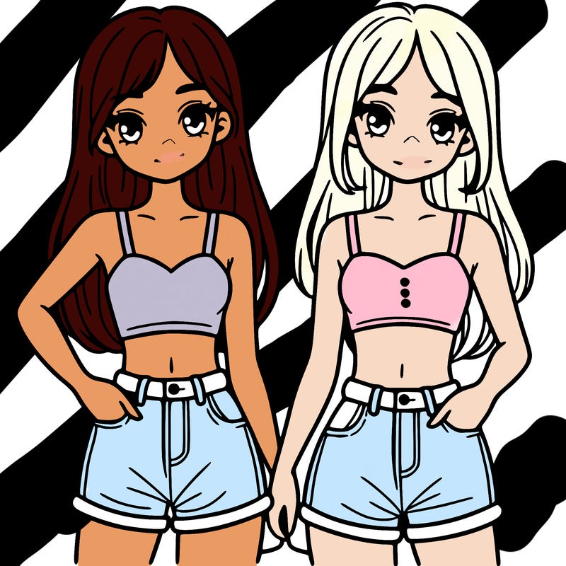 two sisters with crop tops and jean shorts and straight hair