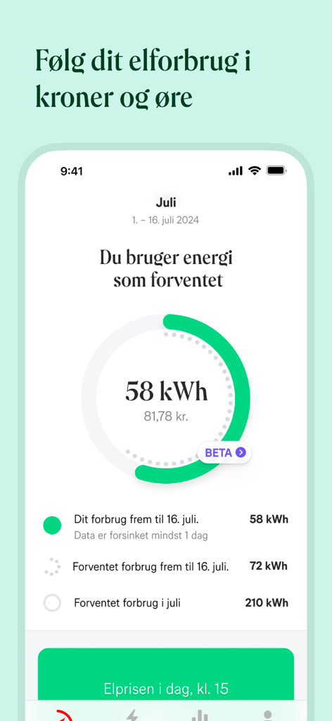 Norlys app interface showing electricity consumption tracking with a circular gauge and cost forecasts.