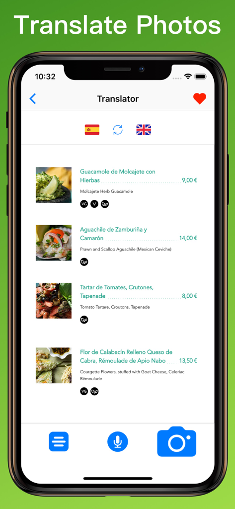 Mobile app interface showing a restaurant menu translated from Spanish to English using the photo translator feature.