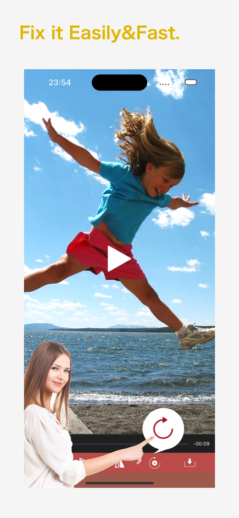 Video Rotate&Flip- VidGuru - VidGuru app interface showing a user rotating a video of a girl jumping