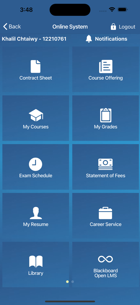 AUST - Studenten-Dashboard in der AUST-App mit Links zu Noten, Kursen, Stundenplänen und Karrierediensten.