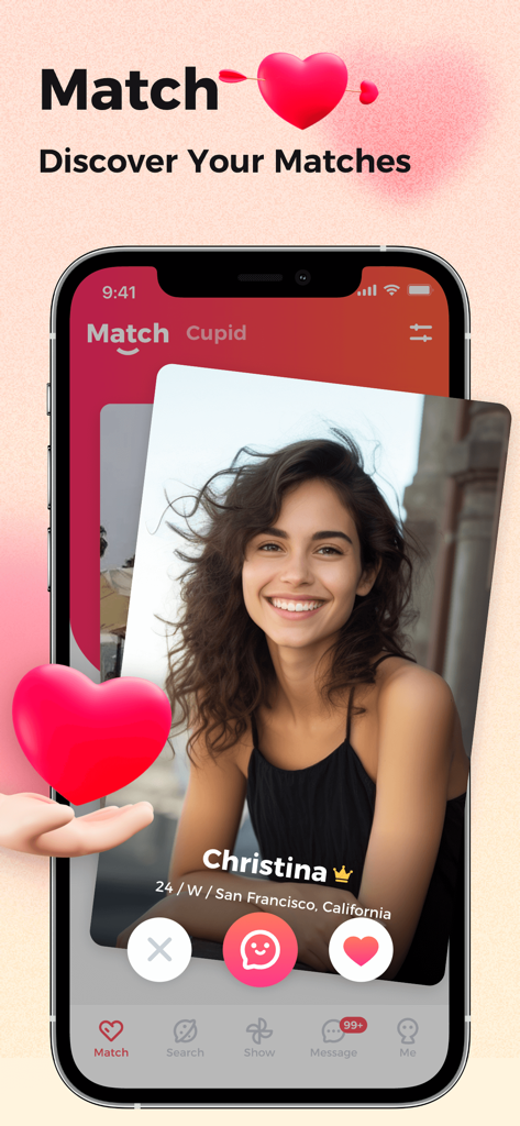 A smartphone screen showing the 3way dating app interface with a user profile card for Christina in San Francisco
