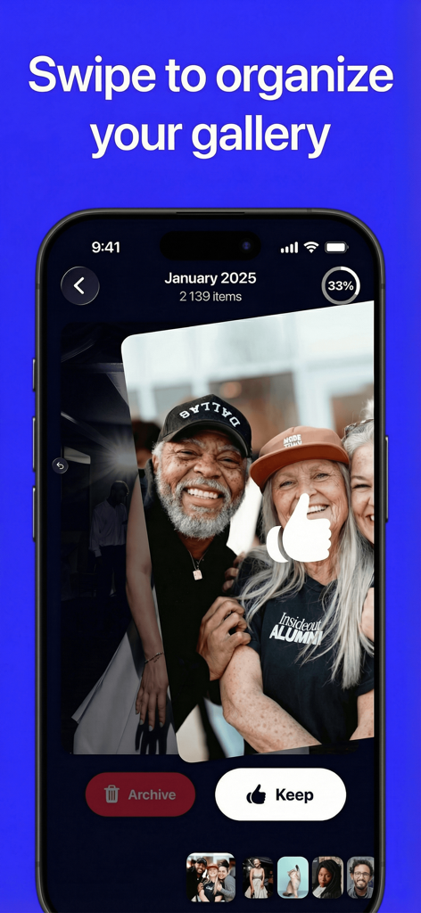 Cleano: Smart Cleaning - Cleano app interface showing the swipe feature to keep or archive photos in the gallery