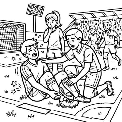 This coloring page captures a dramatic moment on the soccer field as a player sustains an injury, surrounded by concerned teammates. It's a powerful scene depicting sportsmanship and the emotional side of the beautiful game.