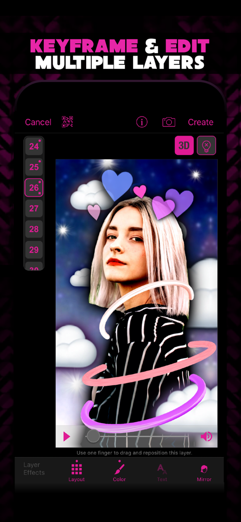 Interfaz de la aplicación Video Star mostrando edición de múltiples capas con fotogramas clave y efectos gráficos 3D en un retrato