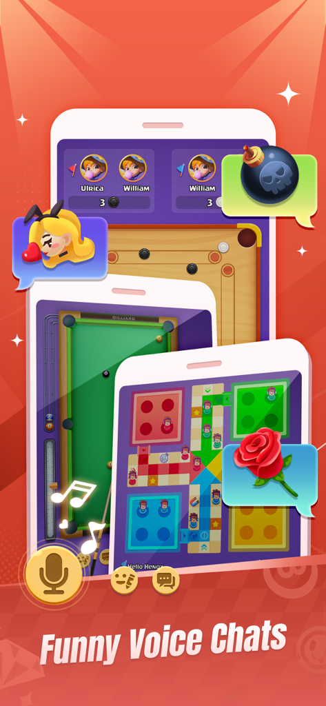 Party Star app interface showing casual games like Ludo and Billiards with integrated voice chat and social stickers