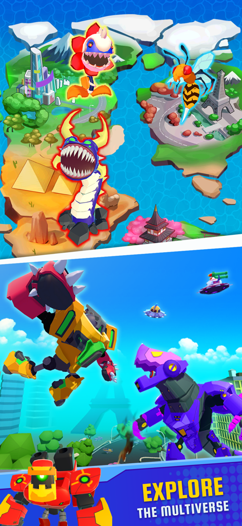 Monster Brawl: Planet Defender - Giant mecha robots and monsters on a world map with the text Explore the Multiverse