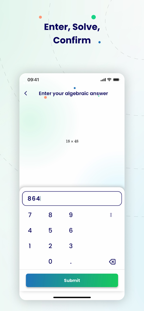 A math problem entry screen on the MathU Infinity app with a numeric keypad and submit button